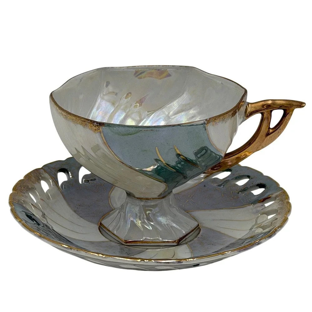 Vtg‎ Lustreware Iridescent Footed Teacup and Reticulated Saucer Set Gold Trim